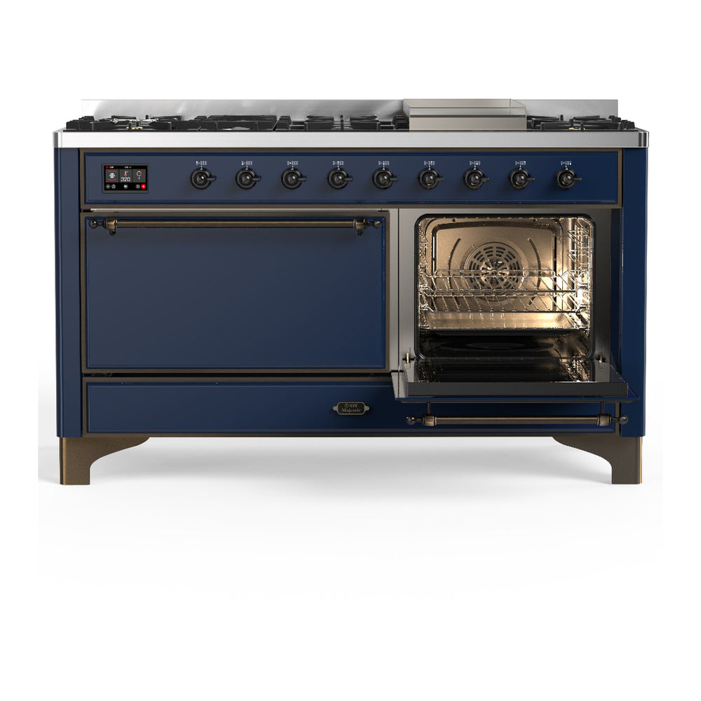ILVE Majestic III 60" Midnight Blue Dual Fuel Range with 9 Burners and Griddle Solid Door Liquid Propane
