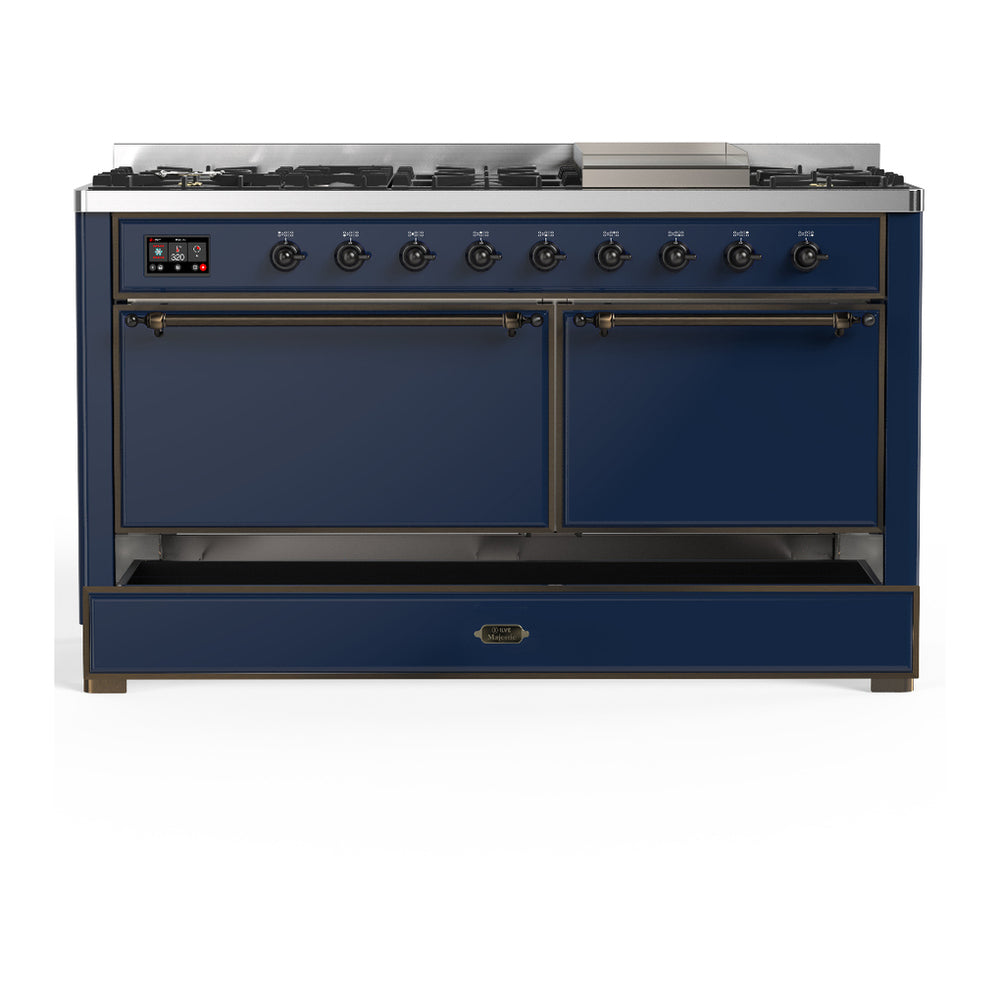ILVE Majestic III 60" Midnight Blue Dual Fuel Range with 9 Burners and Griddle Solid Door Liquid Propane