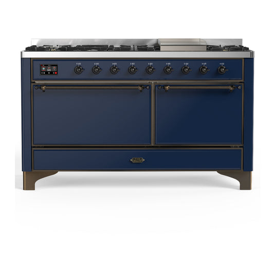 ILVE Majestic III 60" Midnight Blue Dual Fuel Range with 9 Burners and Griddle Solid Door Natural Gas