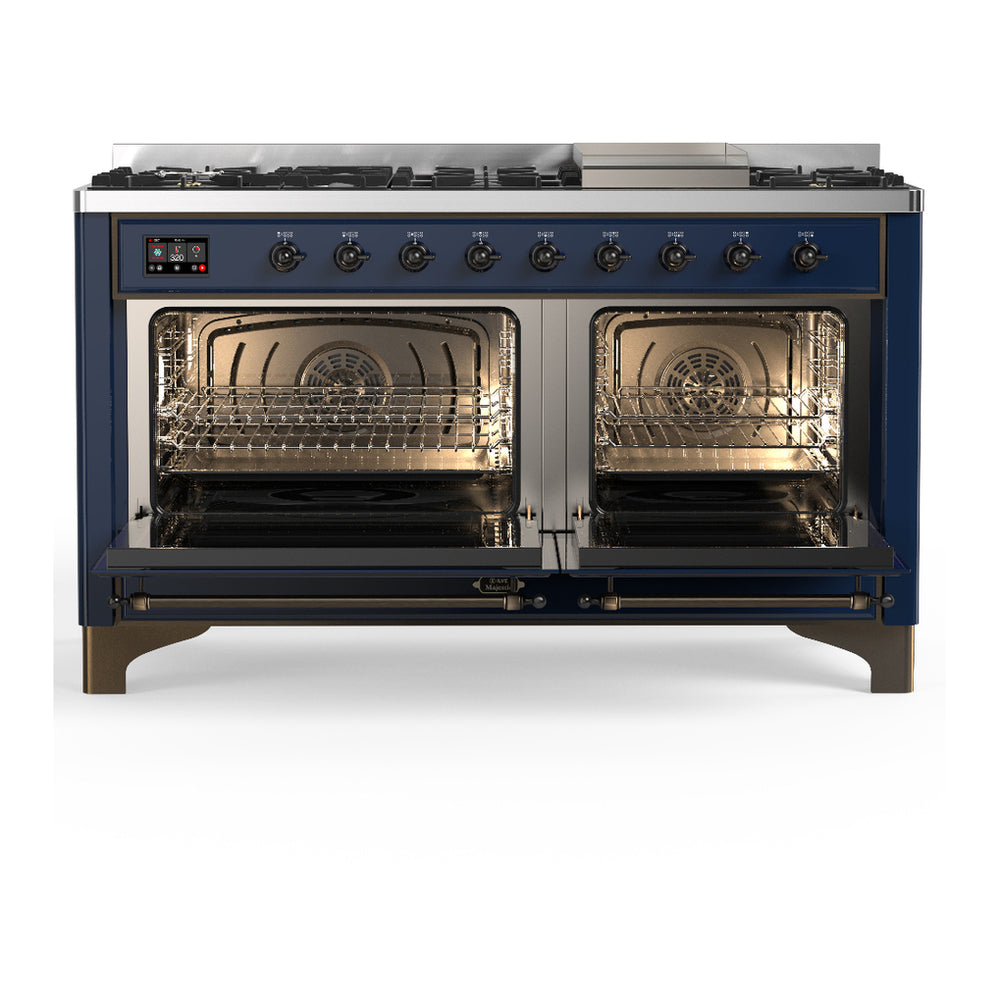 ILVE Majestic III 60" Midnight Blue Dual Fuel Range with 9 Burners and Griddle Solid Door Natural Gas
