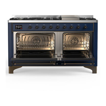 ILVE Majestic III 60" Midnight Blue Dual Fuel Range with 9 Burners and Griddle Solid Door Natural Gas