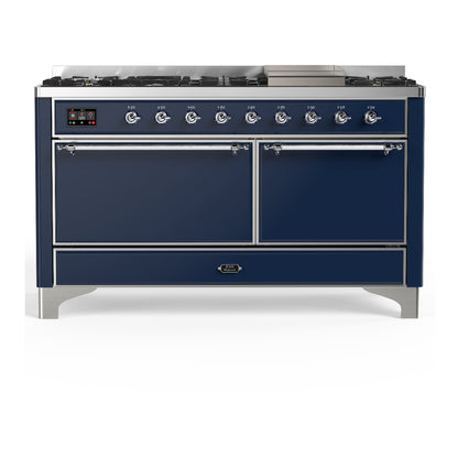 ILVE Majestic III 60" Midnight Blue Dual Fuel Range with 9 Burners and Griddle Solid Door Natural Gas