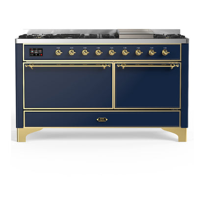 ILVE Majestic III 60" Midnight Blue Dual Fuel Range with 9 Burners and Griddle Solid Door Liquid Propane