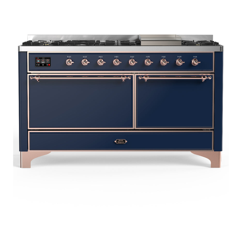 ILVE Majestic III 60" Midnight Blue Dual Fuel Range with 9 Burners and Griddle Solid Door Liquid Propane