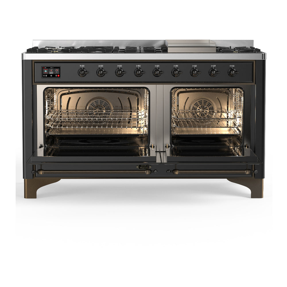 ILVE Majestic III 60" Graphite Matte Dual Fuel Range with 9 Burners and Griddle Solid Door Liquid Propane