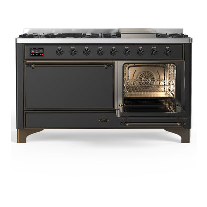 ILVE Majestic III 60" Graphite Matte Dual Fuel Range with 9 Burners and Griddle Solid Door Liquid Propane