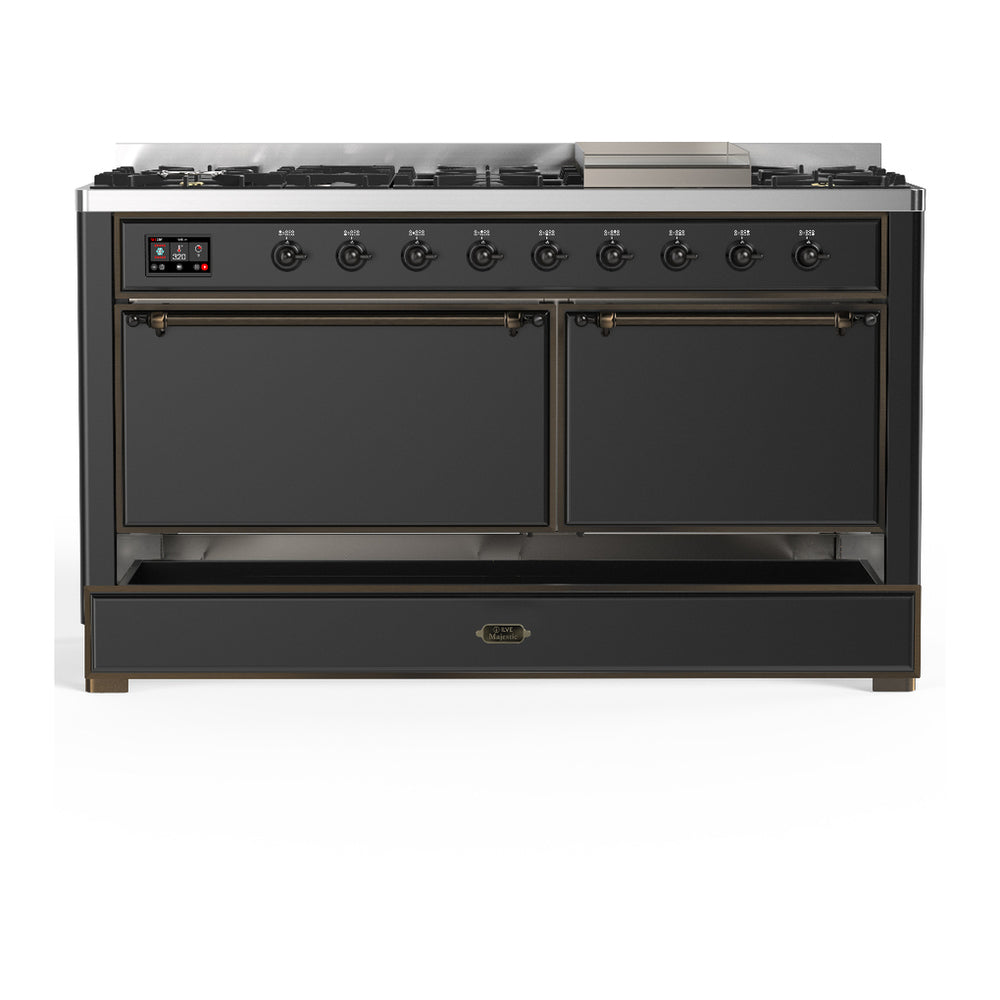 ILVE Majestic III 60" Graphite Matte Dual Fuel Range with 9 Burners and Griddle Solid Door Liquid Propane