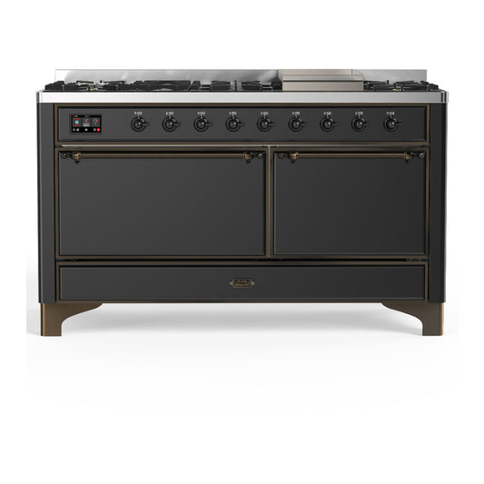 ILVE Majestic III 60" Graphite Matte Dual Fuel Range with 9 Burners and Griddle Solid Door Natural Gas