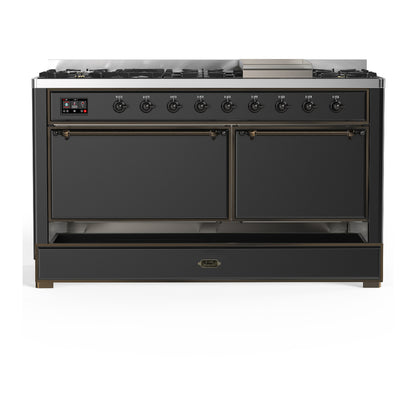 ILVE Majestic III 60" Graphite Matte Dual Fuel Range with 9 Burners and Griddle Solid Door Natural Gas