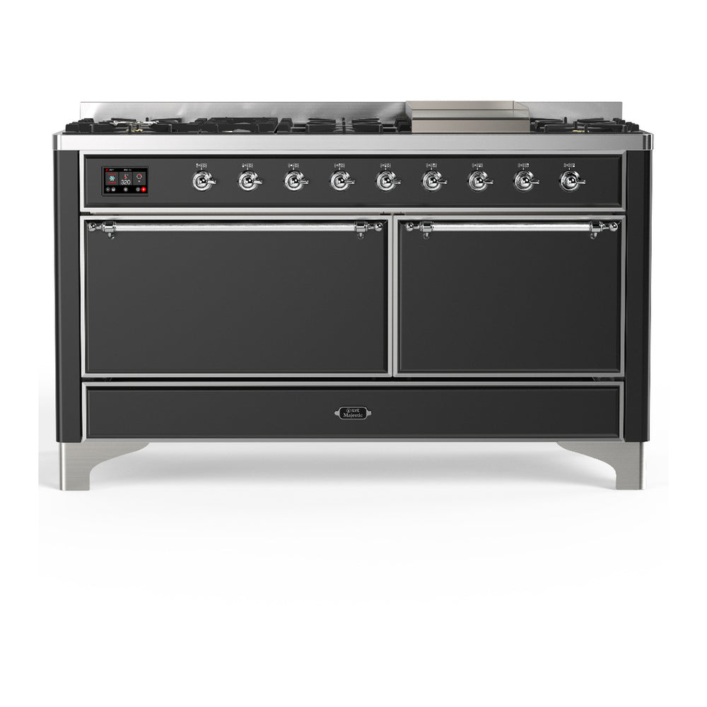 ILVE Majestic III 60" Graphite Matte Dual Fuel Range with 9 Burners and Griddle Solid Door Liquid Propane
