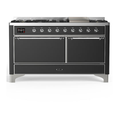 ILVE Majestic III 60" Graphite Matte Dual Fuel Range with 9 Burners and Griddle Solid Door Liquid Propane