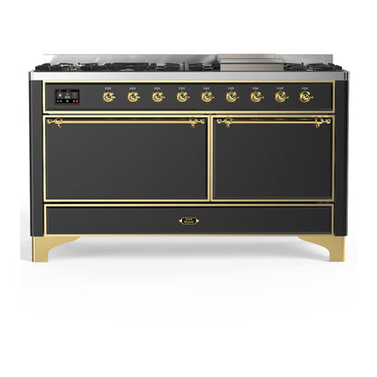 ILVE Majestic III 60" Graphite Matte Dual Fuel Range with 9 Burners and Griddle Solid Door Liquid Propane