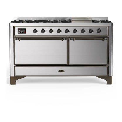 ILVE Majestic III 60" Stainless Steel Dual Fuel Range with 9 Burners and Griddle Solid Door Liquid Propane