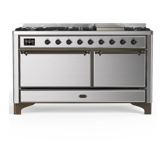 ILVE Majestic III 60" Stainless Steel Dual Fuel Range with 9 Burners and Griddle Solid Door Liquid Propane