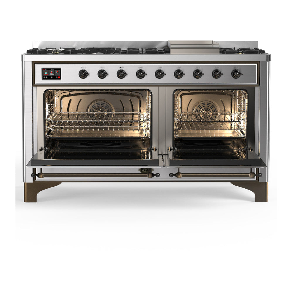 ILVE Majestic III 60" Stainless Steel Dual Fuel Range with 9 Burners and Griddle Solid Door Liquid Propane