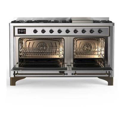 ILVE Majestic III 60" Stainless Steel Dual Fuel Range with 9 Burners and Griddle Solid Door Liquid Propane