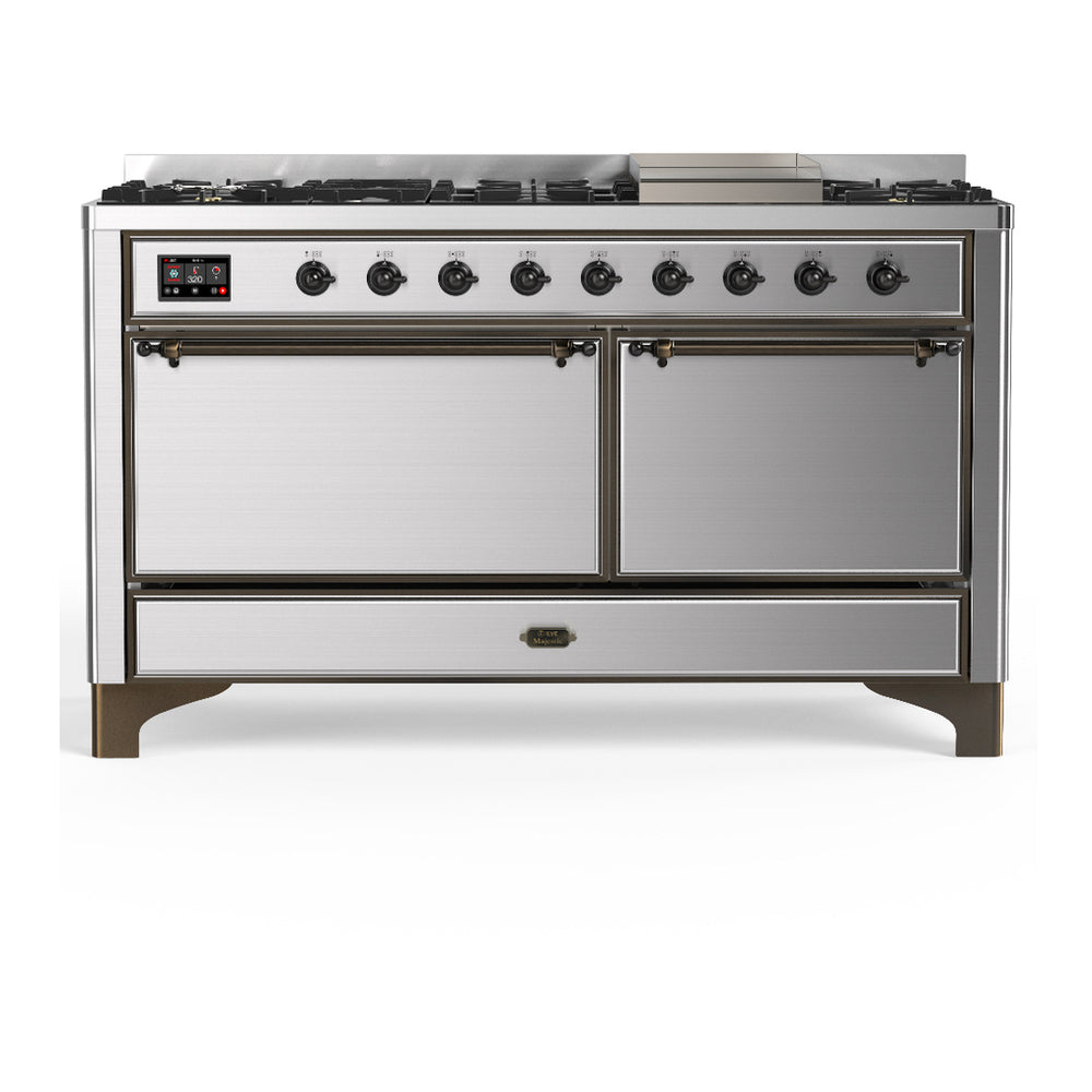 ILVE Majestic III 60" Stainless Steel Dual Fuel Range with 9 Burners and Griddle Solid Door Natural Gas