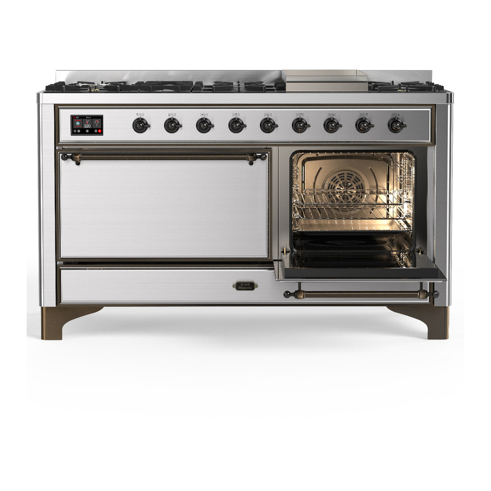 ILVE Majestic III 60" Stainless Steel Dual Fuel Range with 9 Burners and Griddle Solid Door Natural Gas