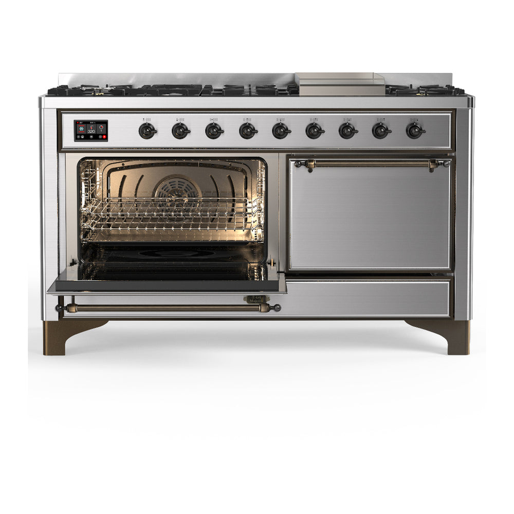 ILVE Majestic III 60" Stainless Steel Dual Fuel Range with 9 Burners and Griddle Solid Door Natural Gas