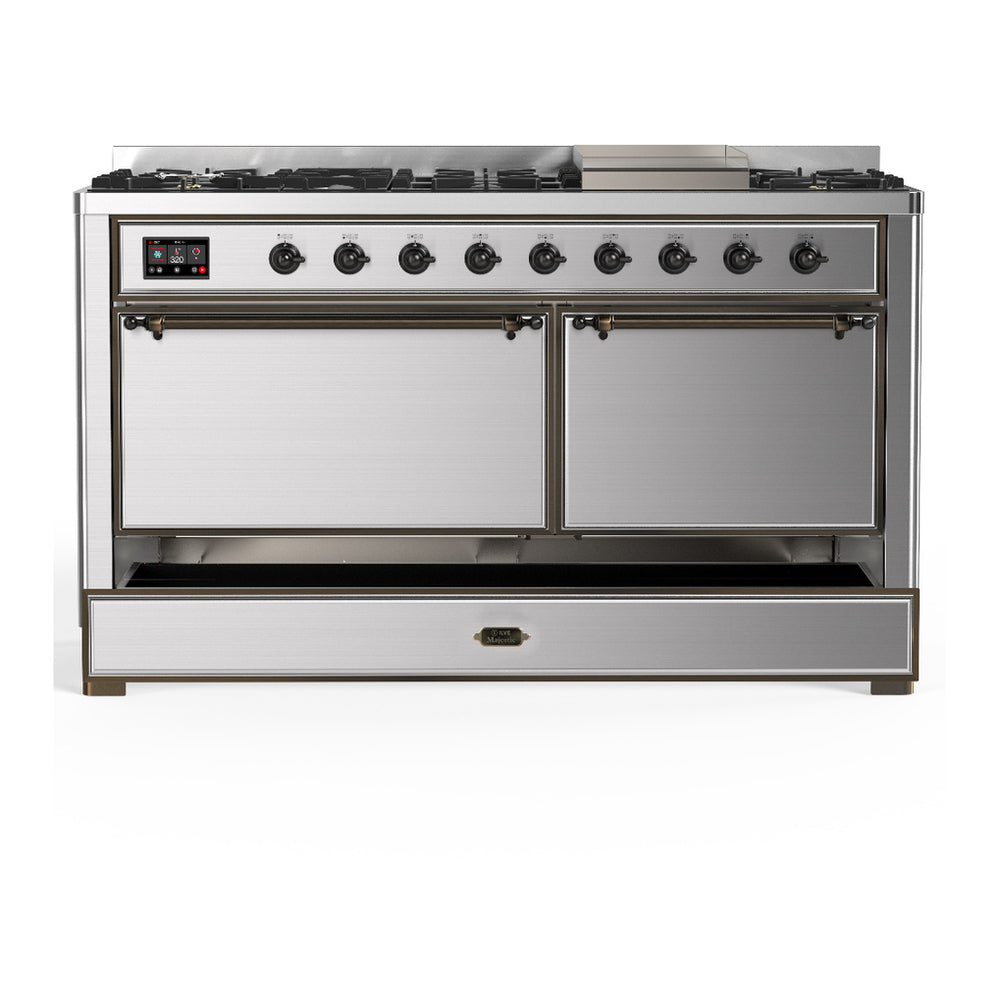 ILVE Majestic III 60" Stainless Steel Dual Fuel Range with 9 Burners and Griddle Solid Door Natural Gas