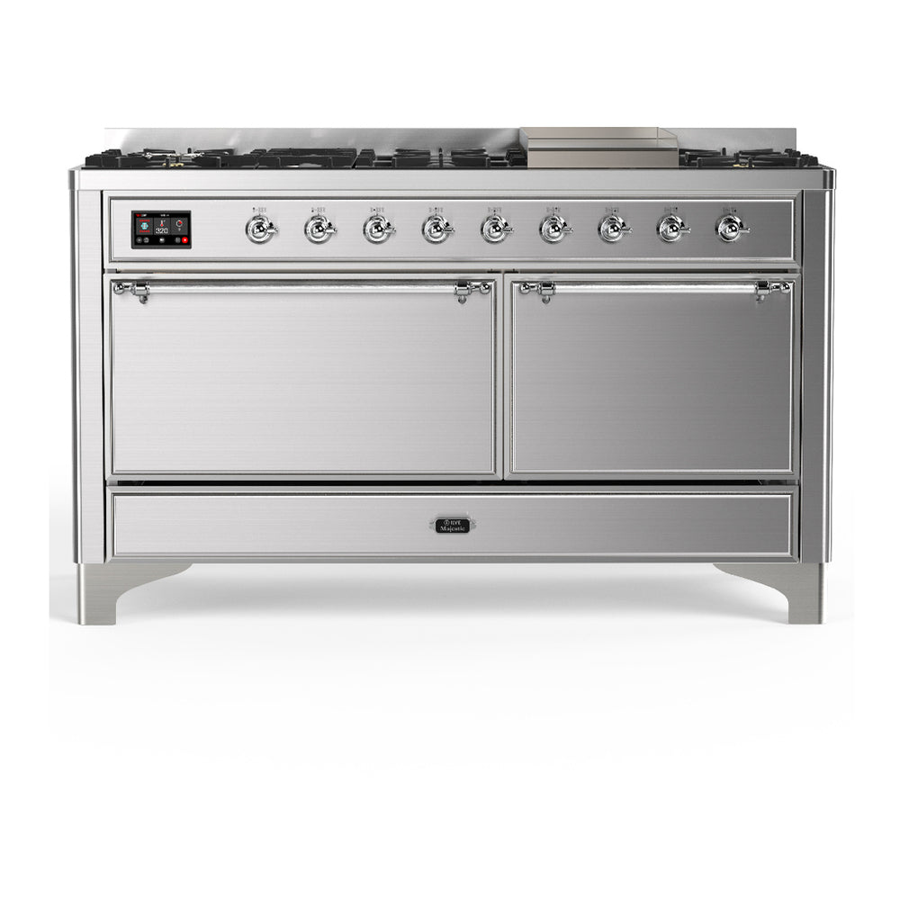 ILVE Majestic III 60" Stainless Steel Dual Fuel Range with 9 Burners and Griddle Solid Door Liquid Propane