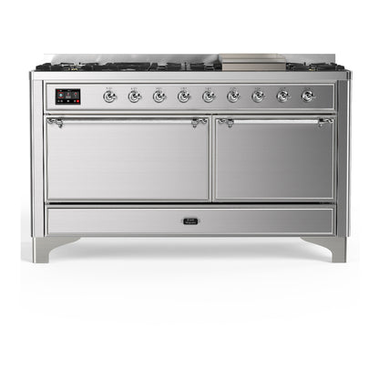 ILVE Majestic III 60" Stainless Steel Dual Fuel Range with 9 Burners and Griddle Solid Door Liquid Propane