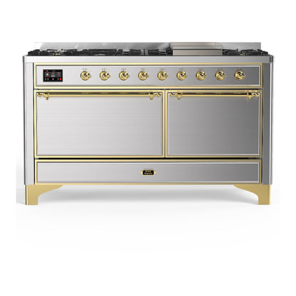 ILVE Majestic III 60" Stainless Steel Dual Fuel Range with 9 Burners and Griddle Solid Door Natural Gas