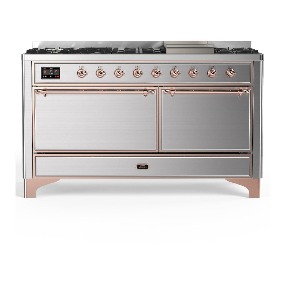 ILVE Majestic III 60" Stainless Steel Dual Fuel Range with 9 Burners and Griddle Solid Door Liquid Propane