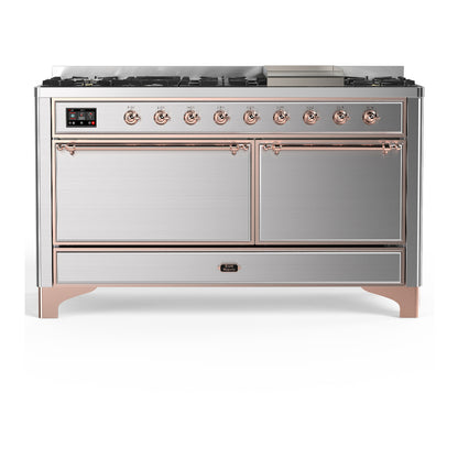 ILVE Majestic III 60" Stainless Steel Dual Fuel Range with 9 Burners and Griddle Solid Door Natural Gas