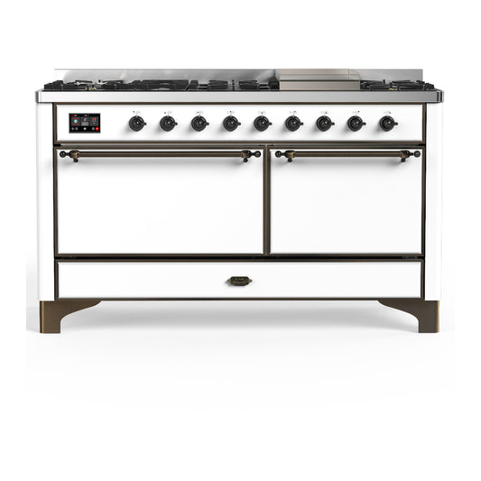 ILVE Majestic III 60" White Dual Fuel Range with 9 Burners and Griddle Solid Door Liquid Propane