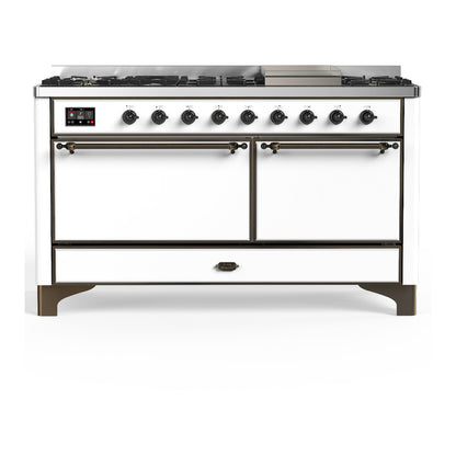 ILVE Majestic III 60" White Dual Fuel Range with 9 Burners and Griddle Solid Door Natural Gas