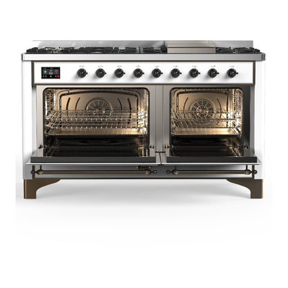 ILVE Majestic III 60" White Dual Fuel Range with 9 Burners and Griddle Solid Door Natural Gas
