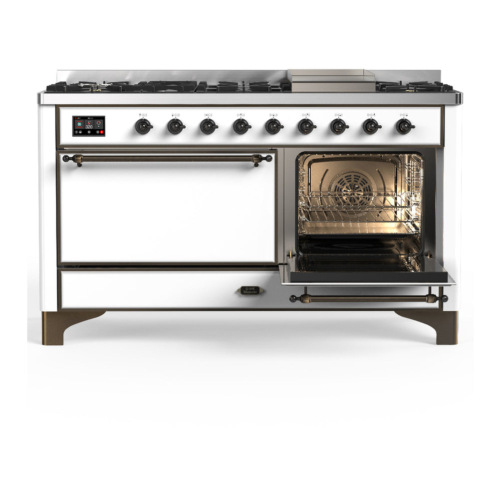 ILVE Majestic III 60" White Dual Fuel Range with 9 Burners and Griddle Solid Door Natural Gas