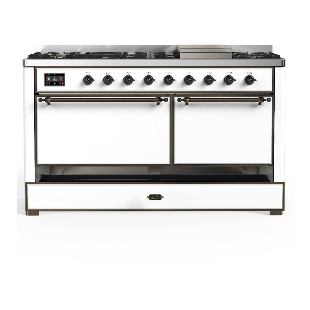 ILVE Majestic III 60" White Dual Fuel Range with 9 Burners and Griddle Solid Door Natural Gas