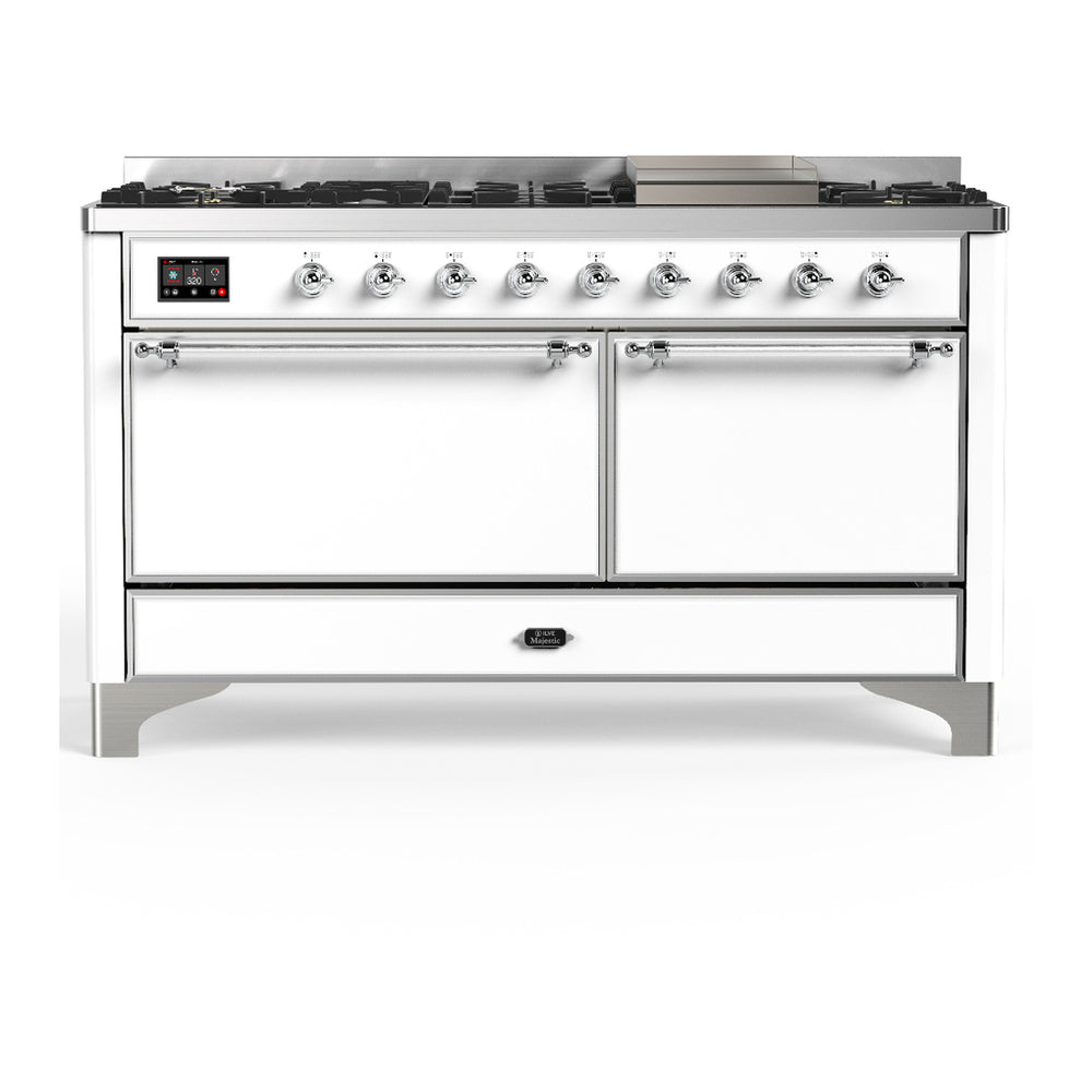 ILVE Majestic III 60" White Dual Fuel Range with 9 Burners and Griddle Solid Door Natural Gas