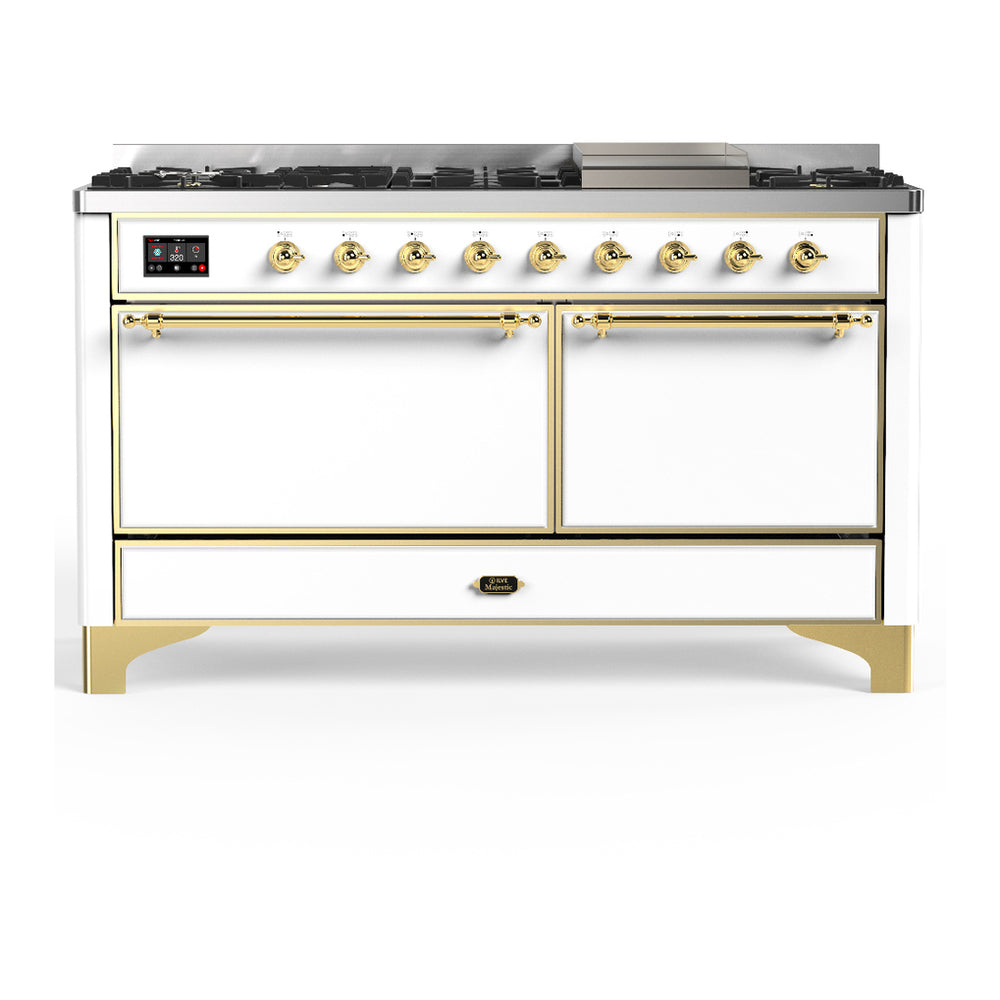 ILVE Majestic III 60" White Dual Fuel Range with 9 Burners and Griddle Solid Door Natural Gas