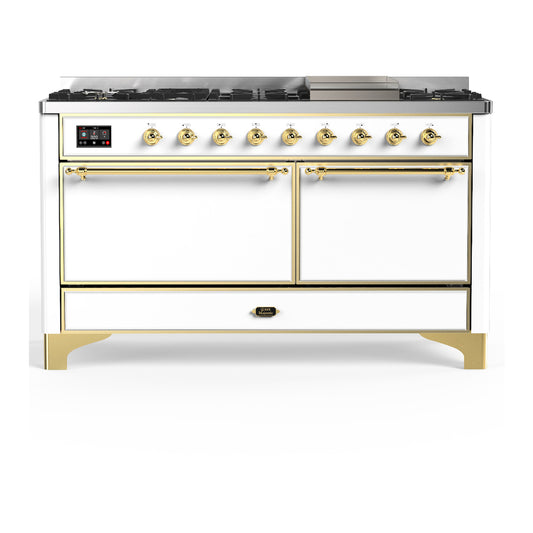 ILVE Majestic III 60" White Dual Fuel Range with 9 Burners and Griddle Solid Door Natural Gas