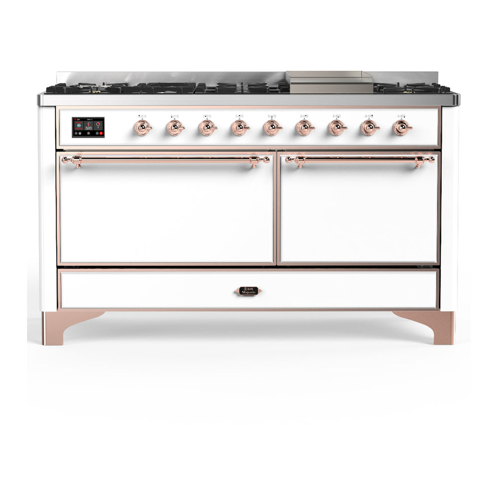 ILVE Majestic III 60" White Dual Fuel Range with 9 Burners and Griddle Solid Door Liquid Propane