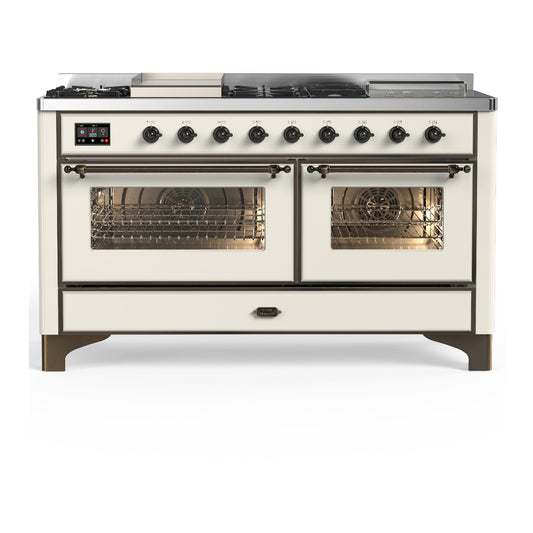 ILVE Majestic III 60" Antique White Dual Fuel Range with 7 Burners, Griddle and French Top Triple Glass Door Liquid Propane