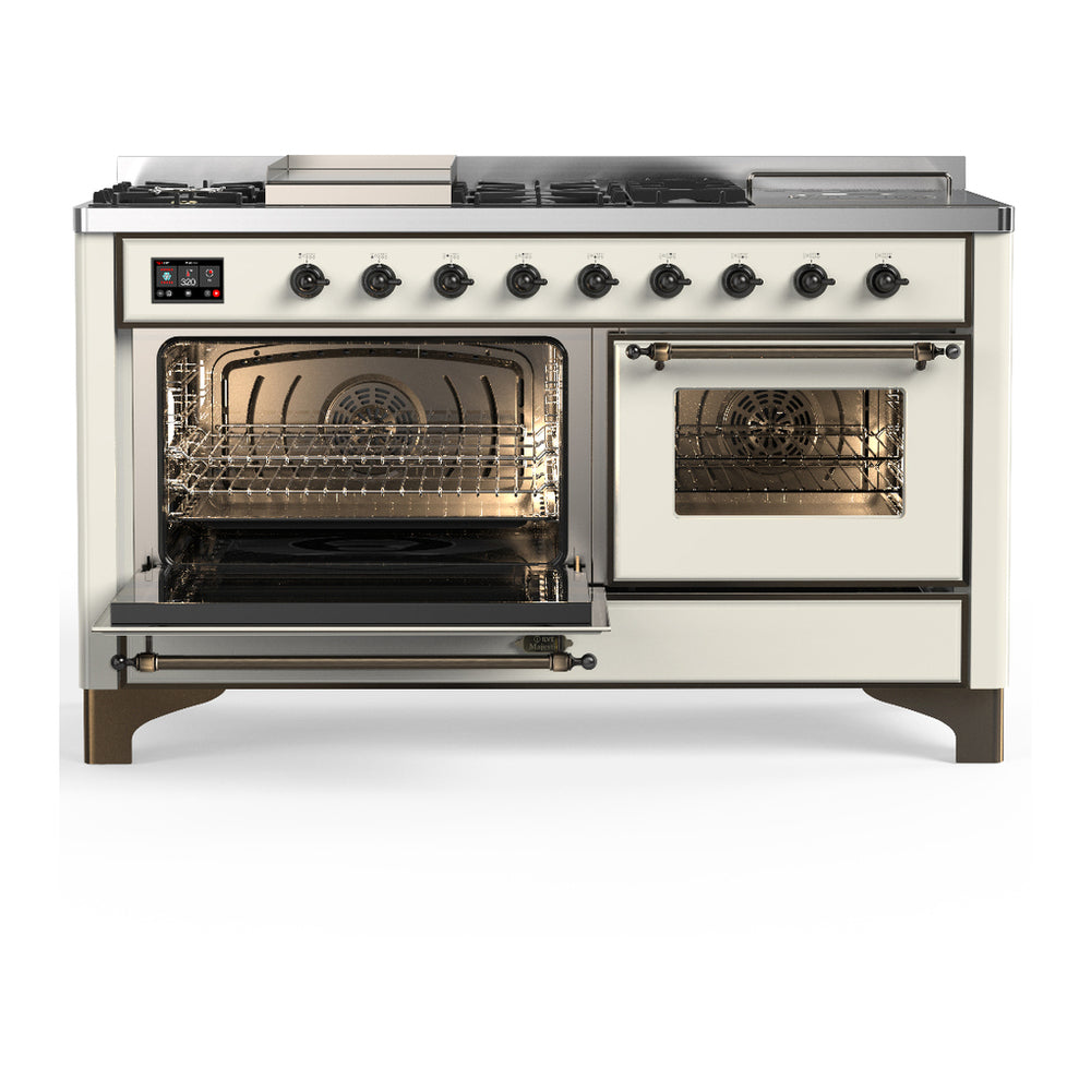 ILVE Majestic III 60" Antique White Dual Fuel Range with 7 Burners, Griddle and French Top Triple Glass Door Liquid Propane