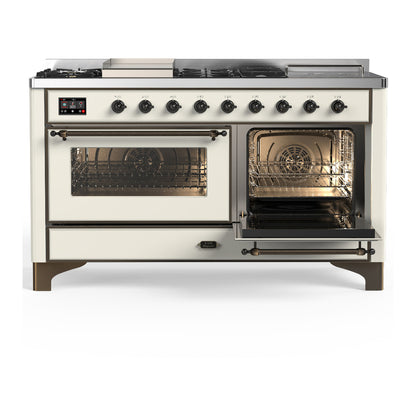 ILVE Majestic III 60" Antique White Dual Fuel Range with 7 Burners, Griddle and French Top Triple Glass Door Liquid Propane
