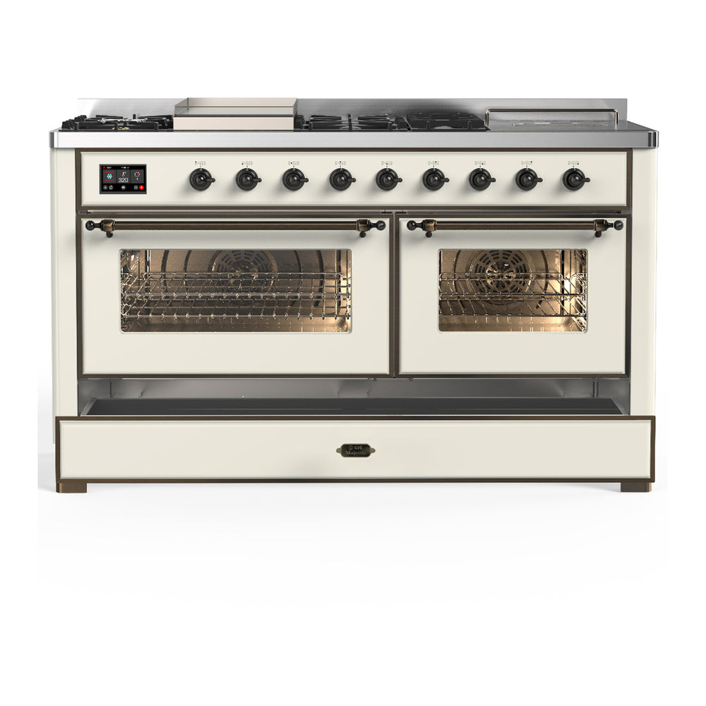 ILVE Majestic III 60" Antique White Dual Fuel Range with 7 Burners, Griddle and French Top Triple Glass Door Liquid Propane