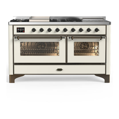ILVE Majestic III 60" Antique White Dual Fuel Range with 7 Burners, Griddle and French Top Triple Glass Door Natural Gas