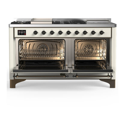 ILVE Majestic III 60" Antique White Dual Fuel Range with 7 Burners, Griddle and French Top Triple Glass Door Natural Gas