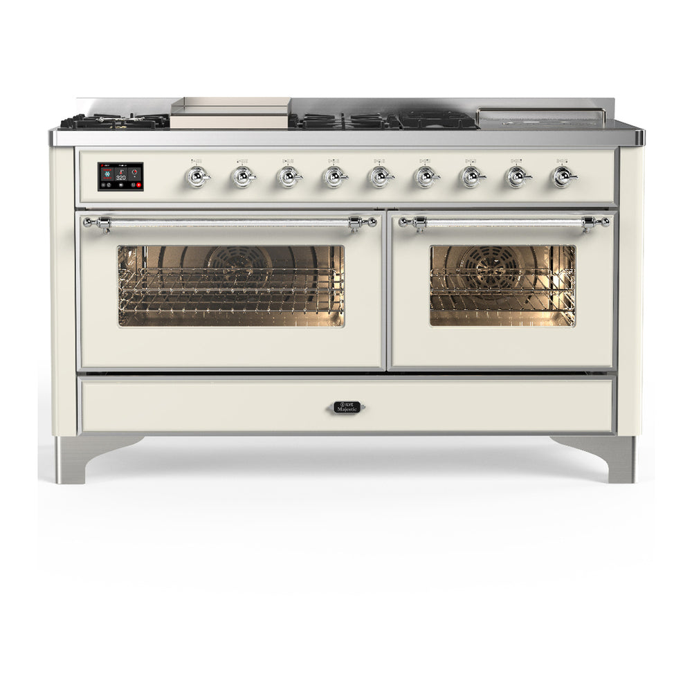ILVE Majestic III 60" Antique White Dual Fuel Range with 7 Burners, Griddle and French Top Triple Glass Door Natural Gas