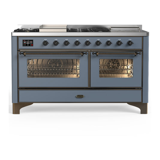 ILVE Majestic III 60" Blue Grey Dual Fuel Range with 7 Burners, Griddle and French Top Triple Glass Door Liquid Propane
