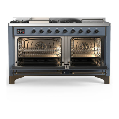 ILVE Majestic III 60" Blue Grey Dual Fuel Range with 7 Burners, Griddle and French Top Triple Glass Door Liquid Propane