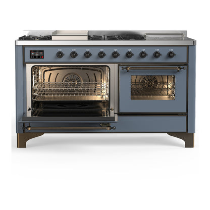 ILVE Majestic III 60" Blue Grey Dual Fuel Range with 7 Burners, Griddle and French Top Triple Glass Door Liquid Propane