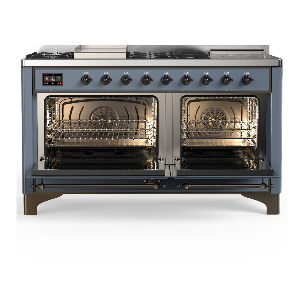 ILVE Majestic III 60" Blue Grey Dual Fuel Range with 7 Burners, Griddle and French Top Triple Glass Door Natural Gas