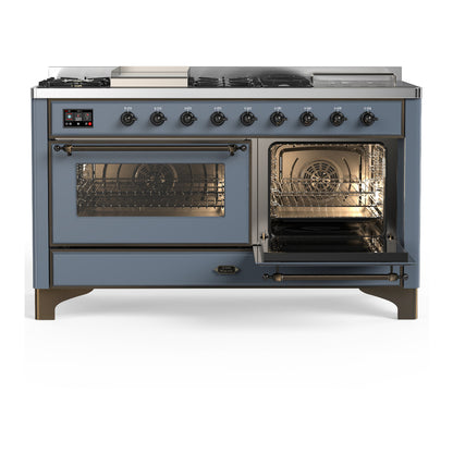 ILVE Majestic III 60" Blue Grey Dual Fuel Range with 7 Burners, Griddle and French Top Triple Glass Door Natural Gas